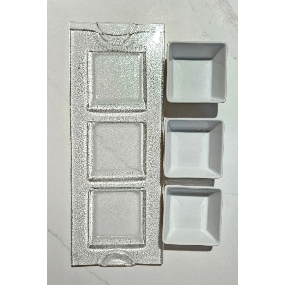 Modern White Ceramic 3 Bowl Server Set with Textured Glass Tray